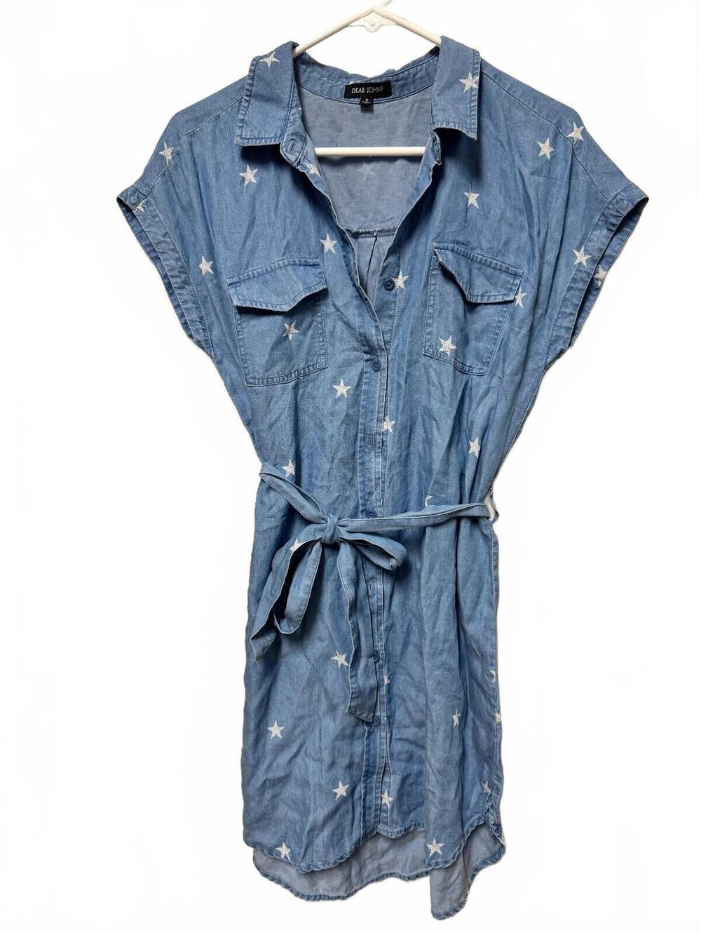 Dear John Denim Star Print Short Sleeve Belted Shirt Dress Small